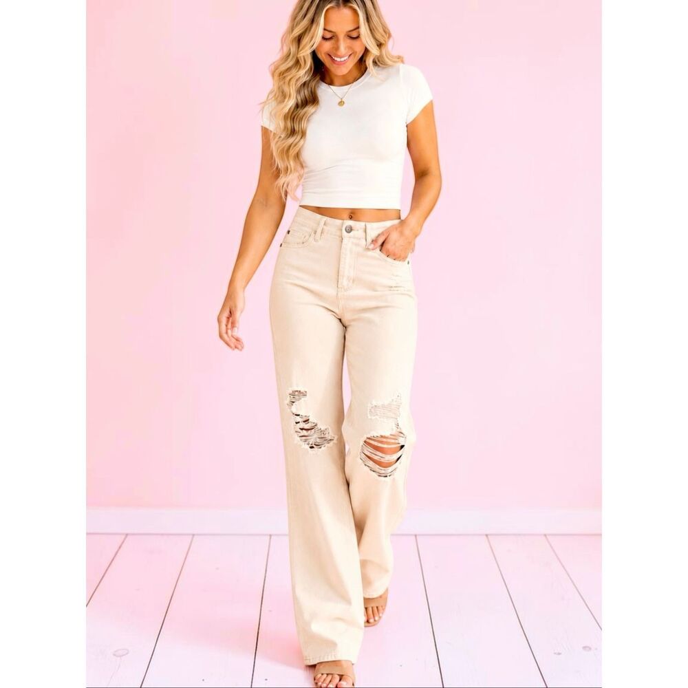 Judy Blue Bone Beige High Rise Distressed 90s Straight Wide Leg Jeans NWT